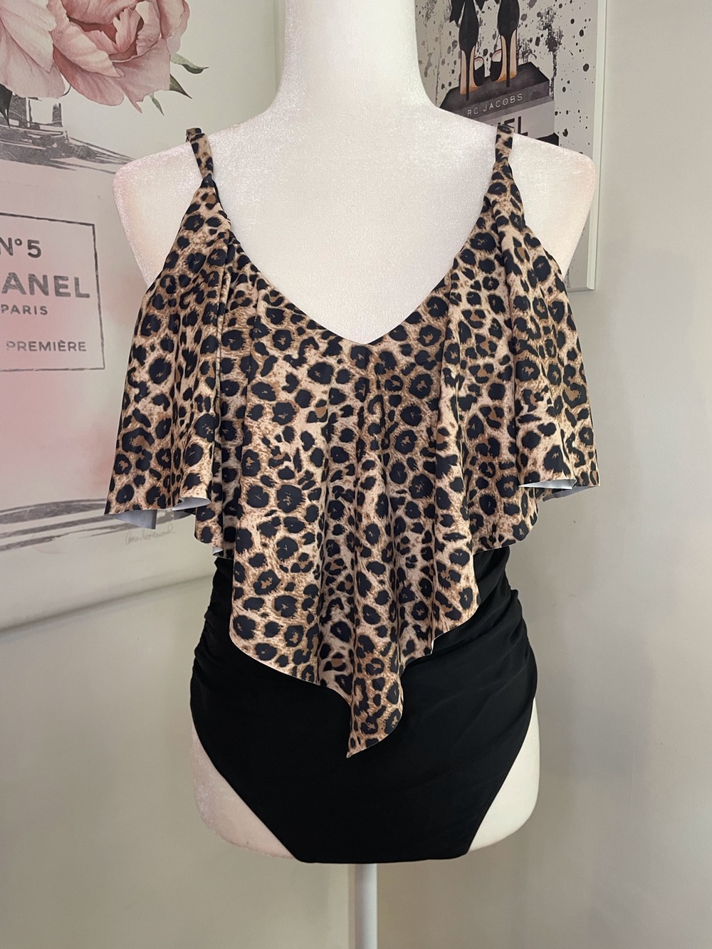 Black One Piece Swimsuit with Animal Print Ruffle Size L
